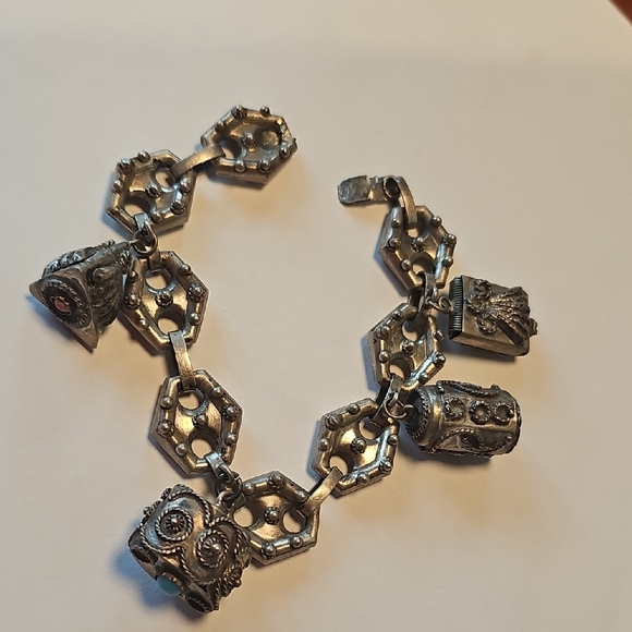 Etruscan Revival Italian 4 Charm Silver Bracelet